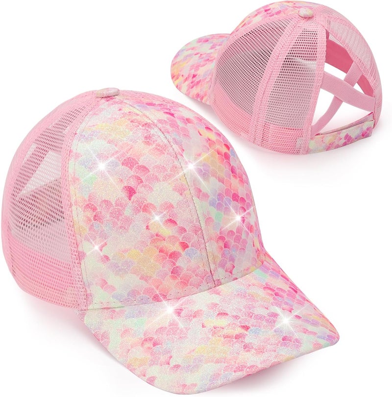 BROMZ Girls Glitter Baseball Cap Kids Ponytail Hat Adjustable Summer Mesh Trucker Hats for 4-12 Years - Image 1
